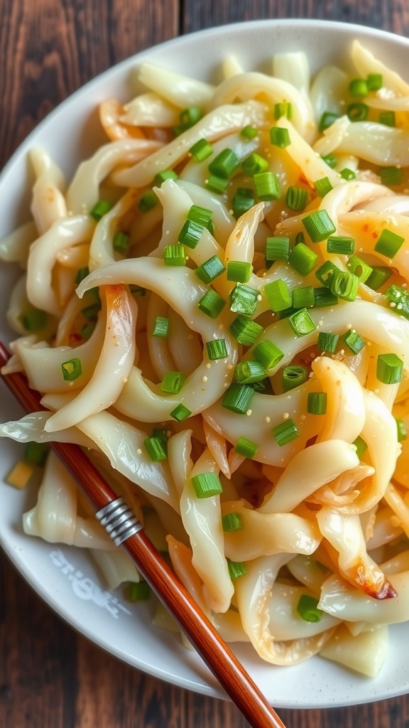 Sautéed cabbage with five-spice powder and green onions on a rustic plate.